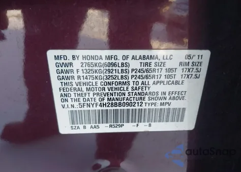 2011 Honda Pilot Lx из США, поврежденный, VIN 5FNYF4H28BB090212